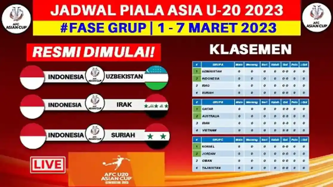 Jadwal pertandingan Piala Asia U-20 2023 hari ini, Jumat 3 Maret 2023, salah satunya antara Jepang U-20 vs China U-20 siaran langsung di RCTI dan RCTI+