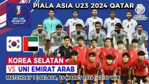 Prediksi pertandingan antara Timnas Korea Selatan vs Uni Emirat Arab U-23 di laga pembuka Grup B Piala Asia U-23 2024 pada Selasa, 16 April 2024 pukul 20.00 WIB tayang di RCTI dan streaming Vision+.