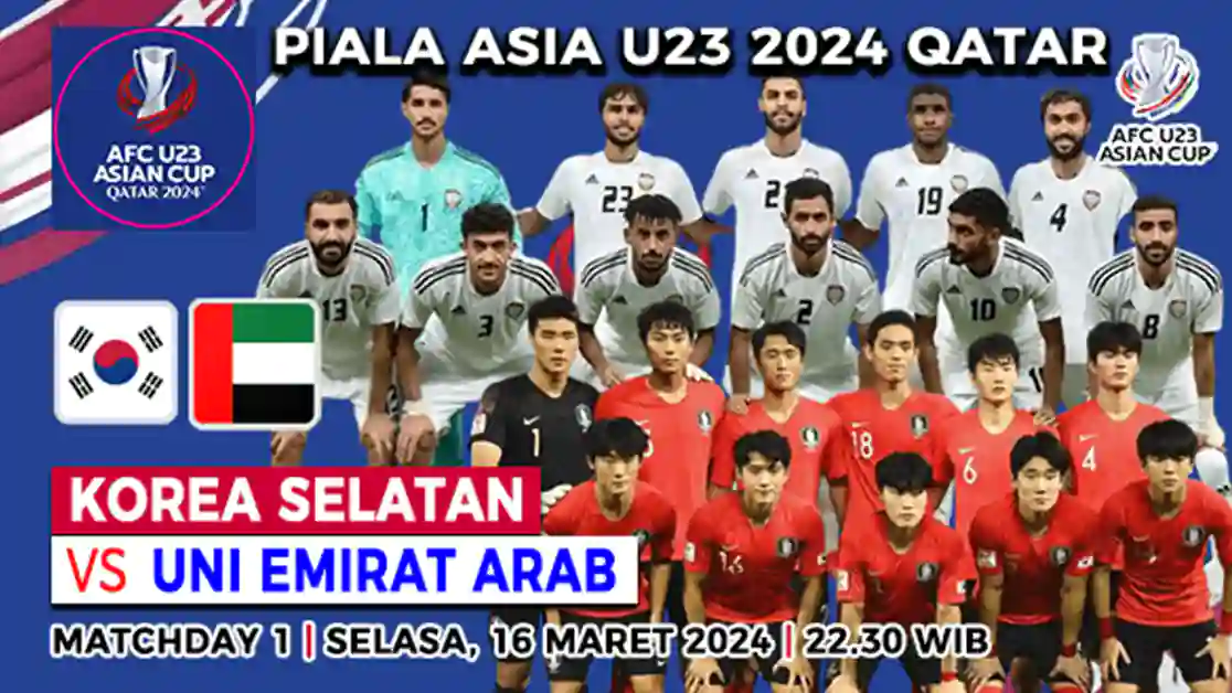 Prediksi pertandingan antara Timnas Korea Selatan vs Uni Emirat Arab U-23 di laga pembuka Grup B Piala Asia U-23 2024 pada Selasa, 16 April 2024 pukul 20.00 WIB tayang di RCTI dan streaming Vision+.