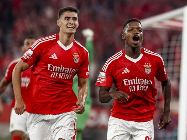 Antonio Silva dan Florentino Luis dari Benfica merayakan pada 14 September 2024. (c) Imago