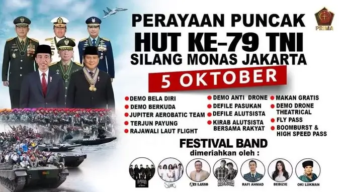 Jangan Sampai Kelewatan! Perayaan Puncak HUT Ke-79 TNI di Silang Monas Jakarta pada Sabtu, 5 Oktober 2024. Banyak kegiatan-kegiatan seru yang dapat kita saksikan dan tentunya ada festival band dengan bintang tamu yang keren-keren. Ayo ajak semua teman dan keluarga kalian dalam perayaan puncak HUT ke-79 TNI! @Puspen_TNI