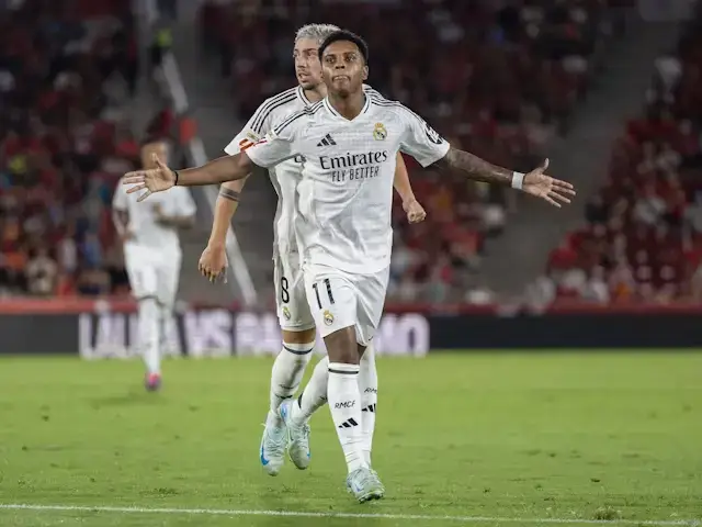 Pemain Real Madrid Rodrygo merayakan golnya ke gawang Mallorca pada 18 Agustus 2024 (c) Imago