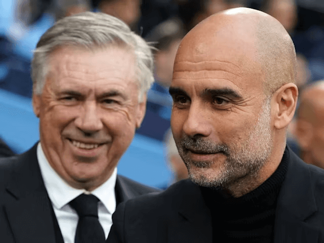 Pep Guardiola dari Manchester City dan Carlo Ancelotti dari Real Madrid difoto pada 17 Mei 2023 (c) Imago