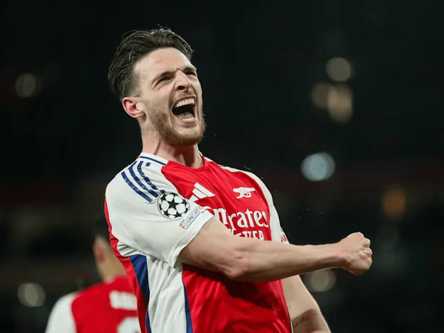 Declan Rice dari Arsenal merayakan golnya pada 8 April 2025  (c) Imago/Sportsmole