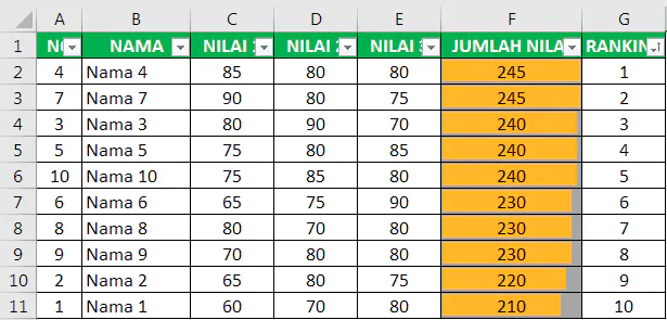 Hasil pengurutan Ranking atau peringkat Excel menggunakan Sort & Filter