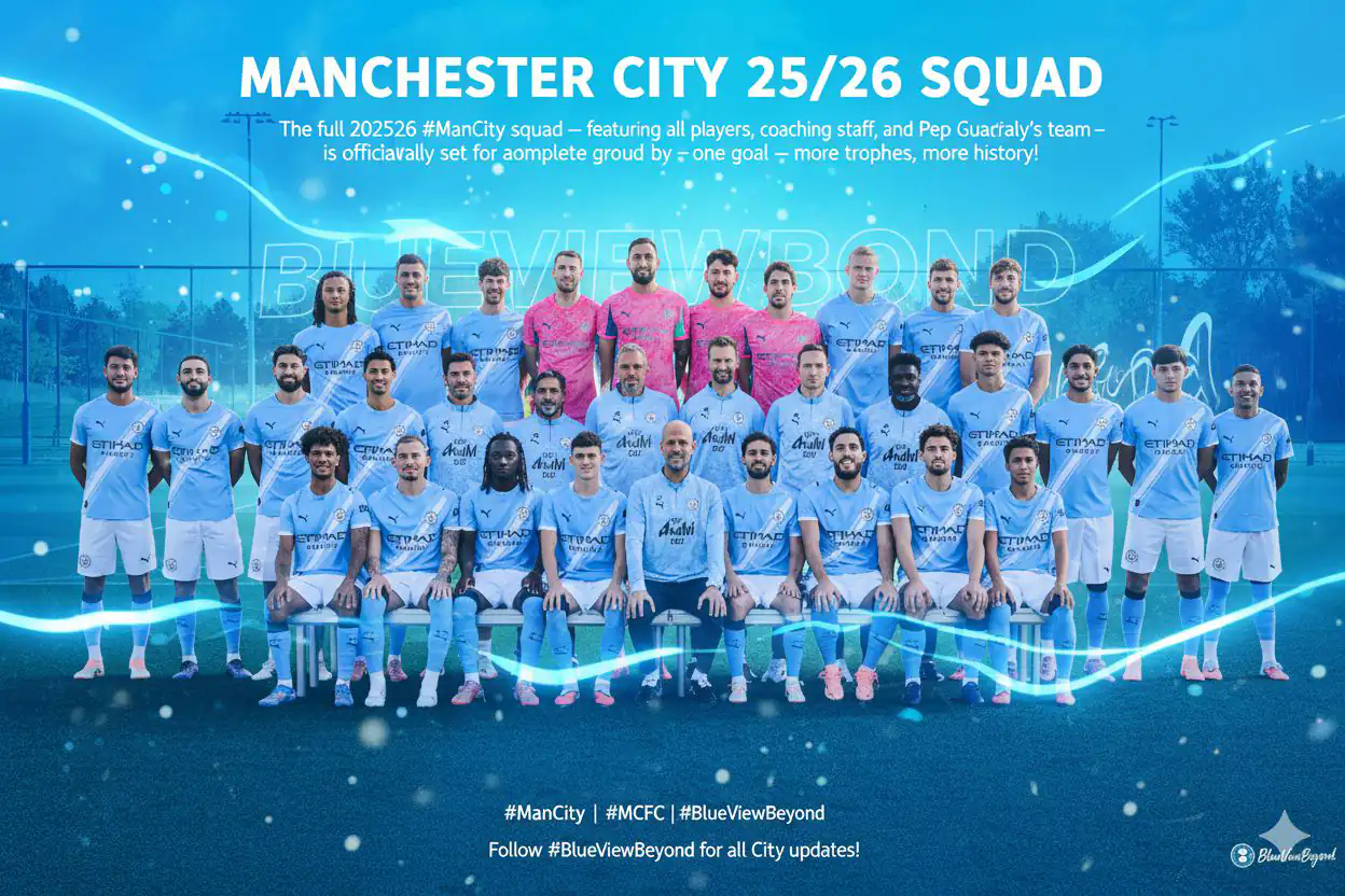 Skuad lengkap Man City 2025/26 yang menampilkan semua pemain, staf pelatih, dan tim Pep Guardiola secara resmi siap untuk musim dominasi lainnya. (c) Man City News 