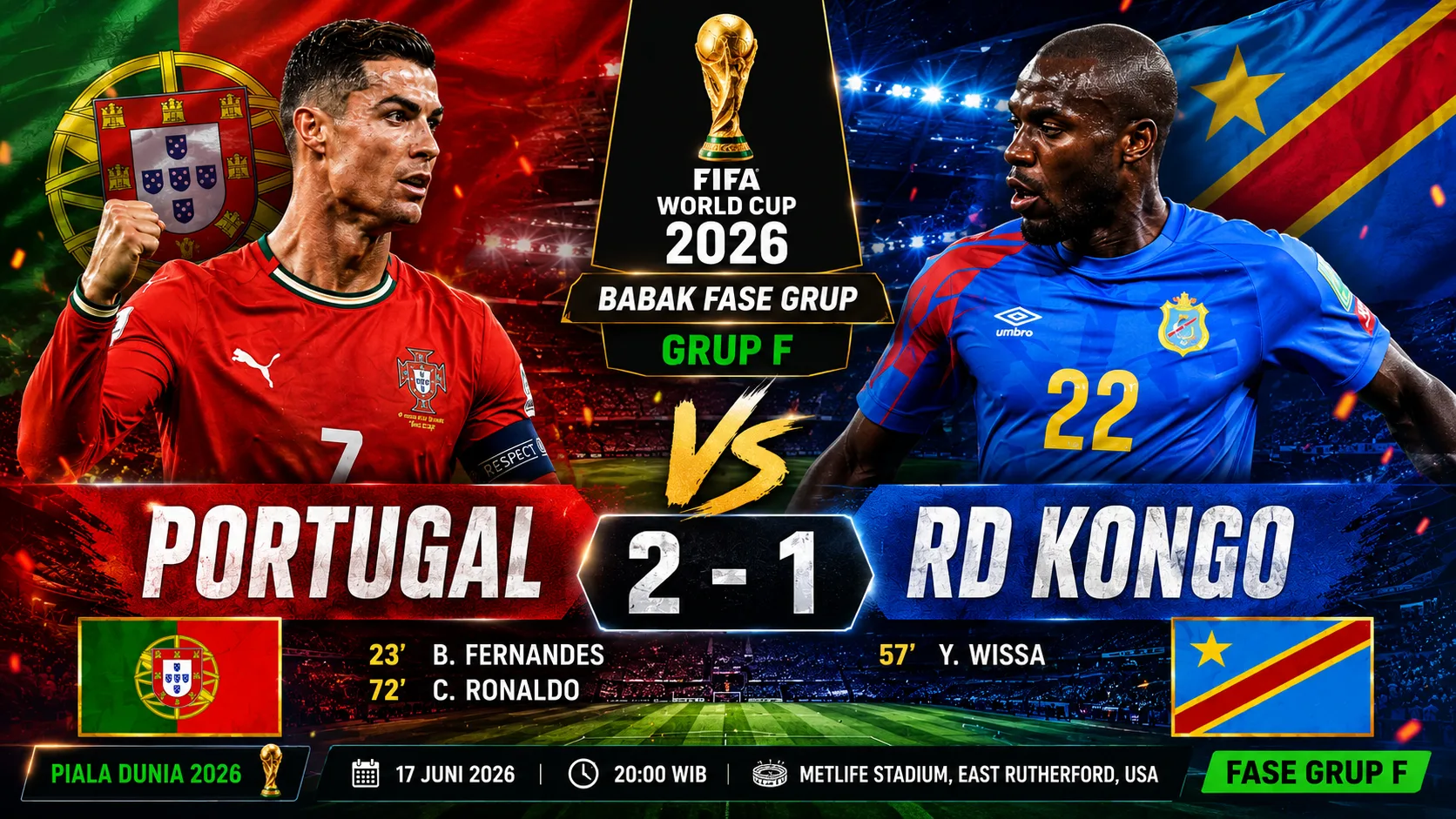 Hasil Portugal vs RD Kongo di Fase Grup F Piala Dunia 2026