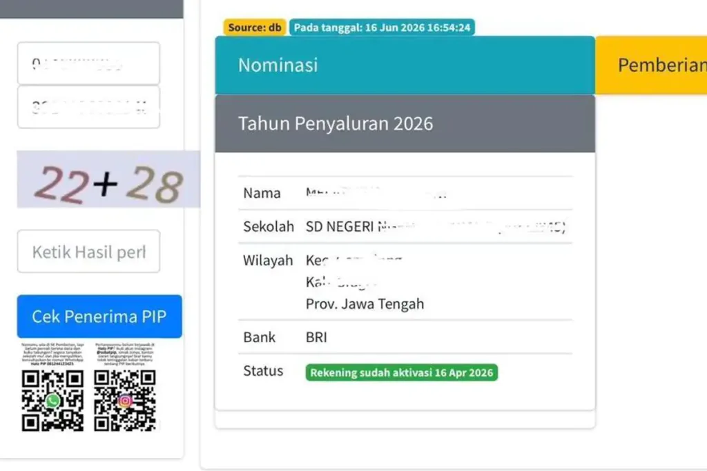 Tangkapan layar hasil pencarian cek penerima PIP 2026 di situs resmi SIPINTAR PIP https://pip.kemendikdasmen.go.id/. Cara cek PIP 2026. Cara cek penerima PIP Juni 2026. Cek PIP di pip.kemendikdasmen.go.id 2026.(KOMPAS.com/MELA ARNANI)